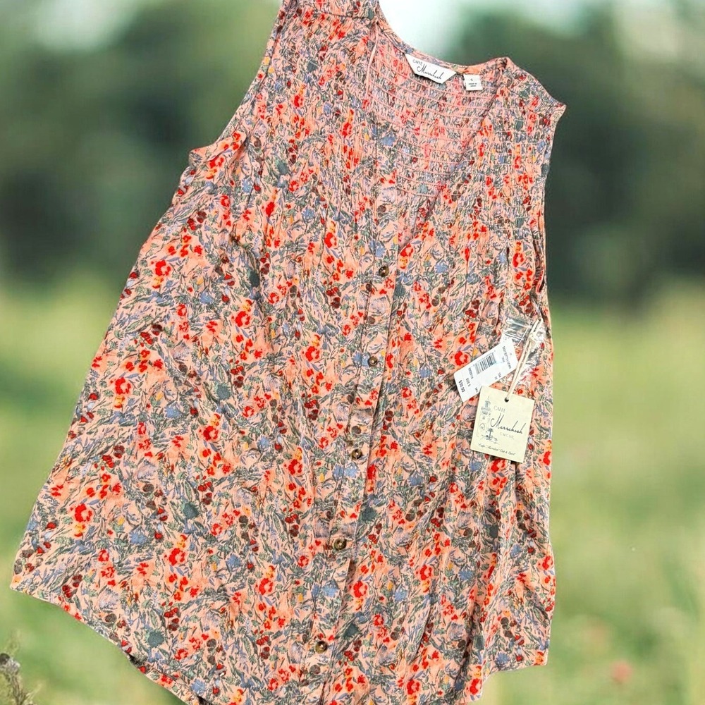 New‎ Caffe Marrakesh Tank Top Women S Floral Smocked Rayon Boho Summer Casual